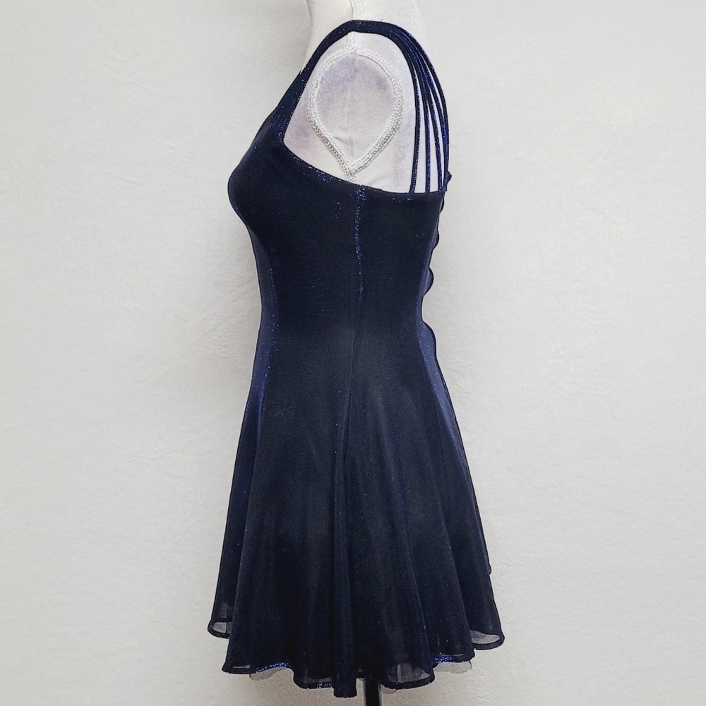 Vintage 90s All That Jazz Blue Metallic Mesh Strappy Fit & Flare Mini Dress - Picture 7 of 13